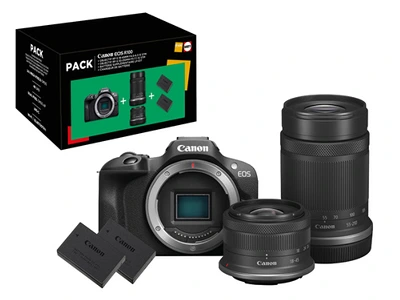Canon Pack Fnac Darty Appareil photo hybride Canon EOS R100 Noir + RF-S 18-45mm f/4.5-6.3 IS STM + RF-S 55-210mm f/5-7.1 IS STM + 2eme batterie + chargeur